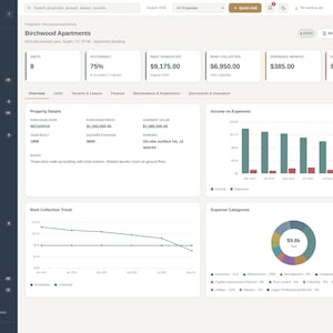 Pode incluir: Uma interface de painel digital intitulada Property Mgmt System Pro exibindo dados da propriedade Birchwood Apartments. Inclui m&eacute;tricas para unidades, ocupa&ccedil;&atilde;o, aluguel, despesas e manuten&ccedil;&atilde;o, juntamente com um gr&aacute;fico de barras de receitas versus despesas, um gr&aacute;fico de linhas de tend&ecirc;ncia de cobran&ccedil;a de aluguel e um gr&aacute;fico de pizza de categorias de despesas.