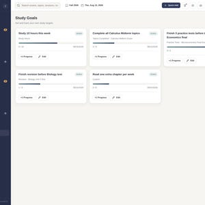 May include: A digital study planner interface titled Study & Exam featuring a dark blue sidebar with navigation icons and a light gray main area displaying Study Goals. Five white cards show progress bars for tasks like Study 10 hours this week.