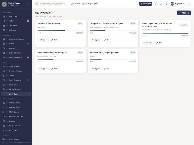 May include: A digital study planner interface titled Study & Exam featuring a dark blue sidebar with navigation icons and a light gray main area displaying Study Goals. Five white cards show progress bars for tasks like Study 10 hours this week.