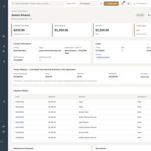 Pode incluir: Uma interface de software de gest&atilde;o de propriedades exibindo o perfil do inquilino James Alvarez. O painel mostra dados financeiros, incluindo um saldo atual de 233,00, valor de aluguel de 1.350,00 e um hist&oacute;rico de pagamentos detalhado.