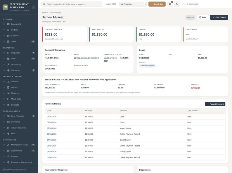Pode incluir: Uma interface de software de gest&atilde;o de propriedades exibindo o perfil do inquilino James Alvarez. O painel mostra dados financeiros, incluindo um saldo atual de 233,00, valor de aluguel de 1.350,00 e um hist&oacute;rico de pagamentos detalhado.