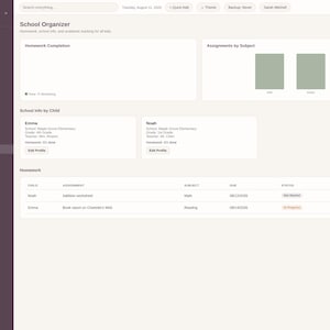 May include: A digital school organizer dashboard titled Working Mom Planner Pro. The interface features sections for homework completion, assignments by subject, and school info for children named Emma and Noah, with a sidebar navigation menu.