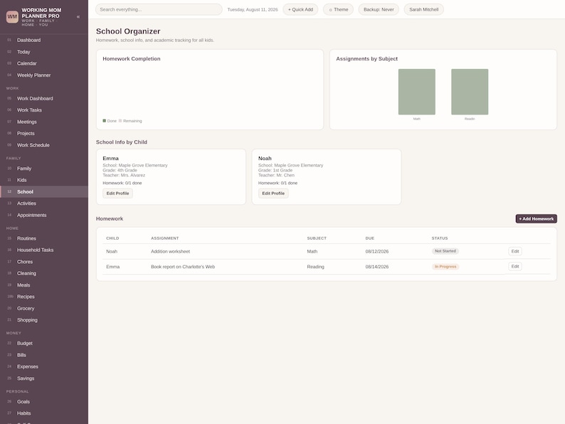 May include: A digital school organizer dashboard titled Working Mom Planner Pro. The interface features sections for homework completion, assignments by subject, and school info for children named Emma and Noah, with a sidebar navigation menu.