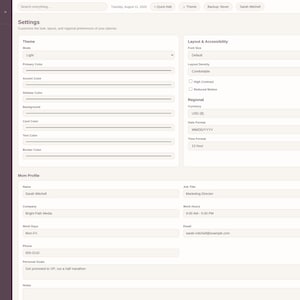 May include: A digital interface for the Working Mom Planner Pro featuring a dark purple sidebar with navigation links and a light-colored settings page. The layout includes sections for theme customization, layout accessibility, regional preferences, and a personal profile form.