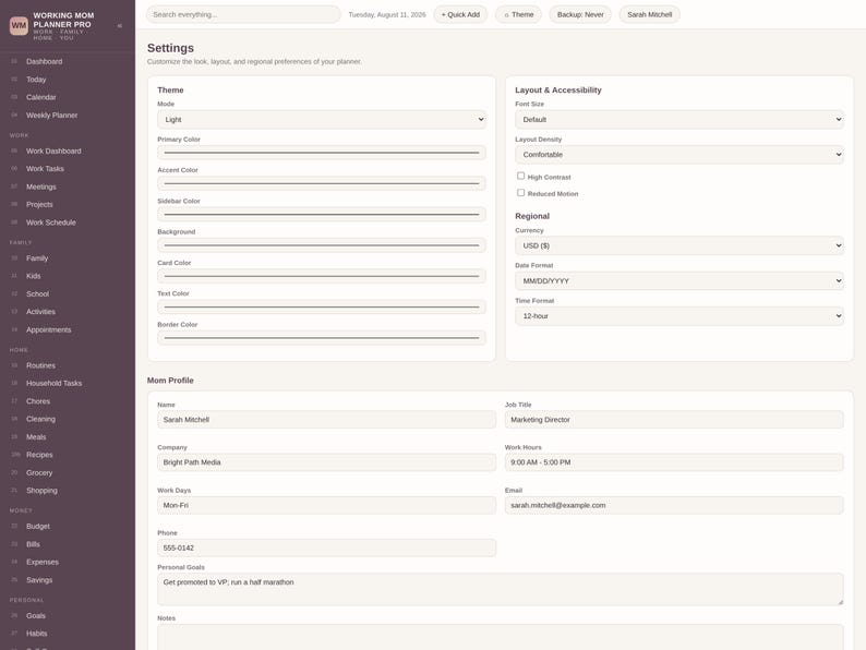 May include: A digital interface for the Working Mom Planner Pro featuring a dark purple sidebar with navigation links and a light-colored settings page. The layout includes sections for theme customization, layout accessibility, regional preferences, and a personal profile form.