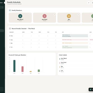 May include: A digital family schedule organizer interface featuring a dark sidebar with navigation menus, a top section for family members, a shared weekly calendar grid, a bar chart for tasks per member, and a color label legend for organization.