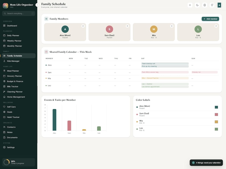 May include: A digital family schedule organizer interface featuring a dark sidebar with navigation menus, a top section for family members, a shared weekly calendar grid, a bar chart for tasks per member, and a color label legend for organization.