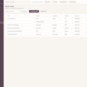 May include: A digital interface for the Working Mom Planner Pro showing a Work Tasks dashboard. The sidebar lists categories like Dashboard, Calendar, and Family. The main table displays task details including project, category, priority, and due date.