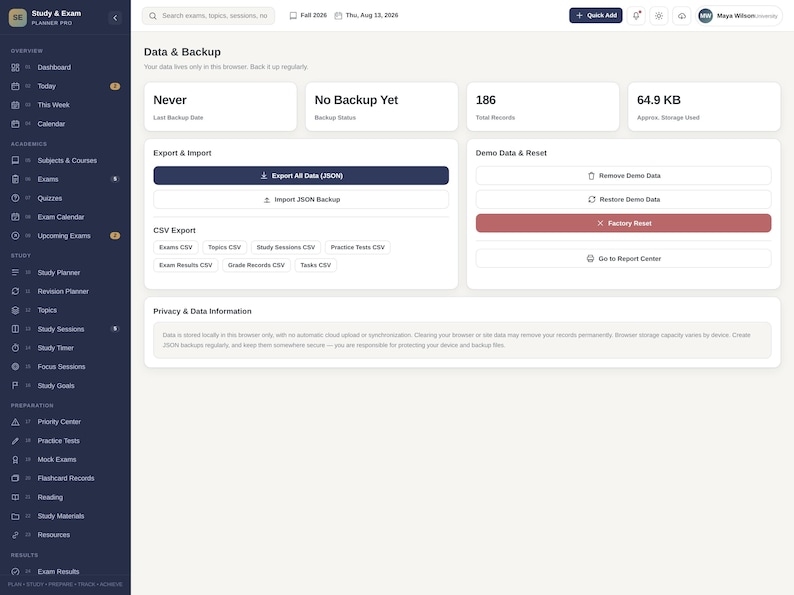 May include: A digital dashboard interface titled Data & Backup featuring a dark blue sidebar with navigation links and a light gray main area. It displays status cards for backup, total records of 186, and 64.9 KB of storage used, with buttons for export, import, and reset.