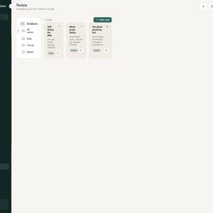 May include: A digital interface titled Mom Life Organizer showing a Notes section with a sidebar menu, folder list for All notes, Kids, Travel, and Meals, and three note cards labeled Gift ideas for Mia, Meal prep ideas, and Vacation packing list.