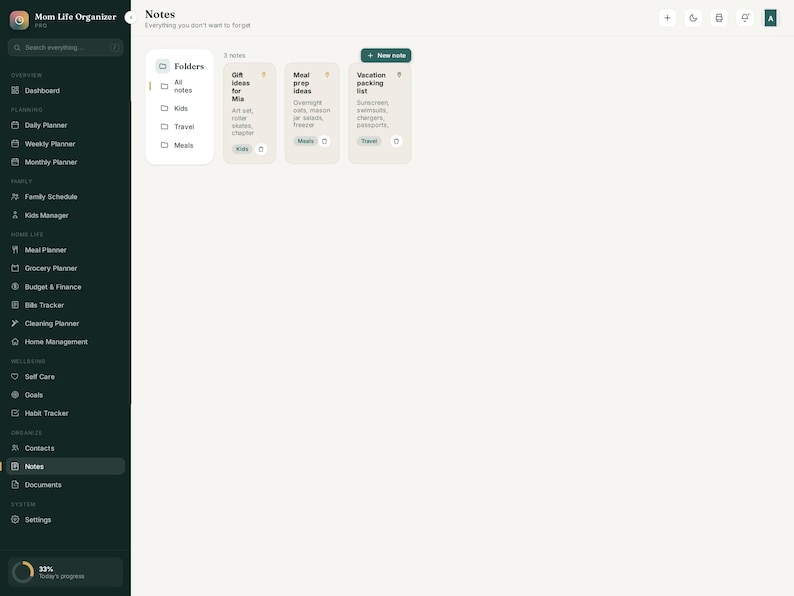 May include: A digital interface titled Mom Life Organizer showing a Notes section with a sidebar menu, folder list for All notes, Kids, Travel, and Meals, and three note cards labeled Gift ideas for Mia, Meal prep ideas, and Vacation packing list.