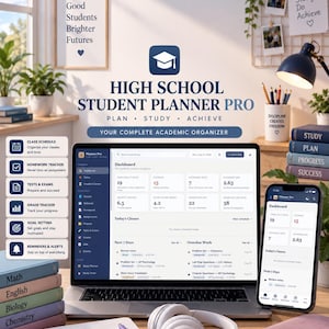 May include: A digital High School Student Planner Pro interface displayed on a laptop and smartphone screen, featuring a dashboard with academic tracking tools, alongside a spiral notebook with a handwritten to-do list and white headphones.