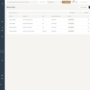 Pode incluir: Uma interface de painel digital para o Property Mgmt System Pro exibindo uma tabela de mudan&ccedil;as. A tela apresenta um menu de navega&ccedil;&atilde;o lateral escuro e uma &aacute;rea de conte&uacute;do principal de cor clara com colunas para inquilino, propriedade, unidade, data de mudan&ccedil;a e status.