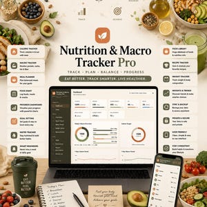 Könnte beinhalten: Eine digitale Software-Oberfläche Nutrition & Macro Tracker Pro auf einem Laptop und Smartphone, mit Funktionen zur Kalorien- und Makronährstoffverfolgung, Essensplanung, Ernährungstagebuch, Fortschrittsdiagrammen und Zielsetzungstools.