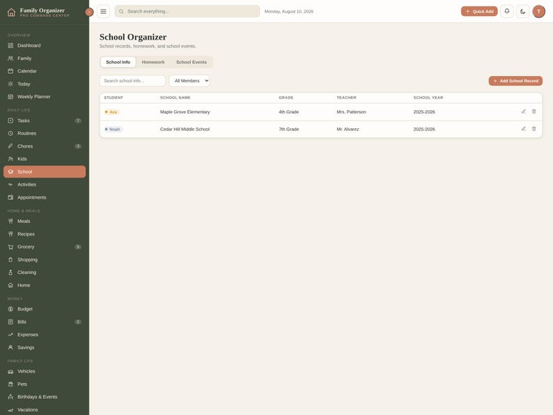 K&ouml;nnte beinhalten: Eine digitale Schulorganizer-Dashboard-Oberfl&auml;che mit einer dunkelgr&uuml;nen Seitenleiste mit Navigationssymbolen und einem hellbeigen Hauptinhaltsbereich. Der Bildschirm zeigt eine Tabelle mit dem Titel School Organizer mit Spalten f&uuml;r Sch&uuml;ler, Schule, Klasse und Lehrer.