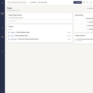 May include: A digital study and exam planner dashboard interface featuring a dark blue sidebar navigation menu, a light gray main content area, a progress tracker, a timeline of scheduled tasks, and a quick actions panel for study sessions.