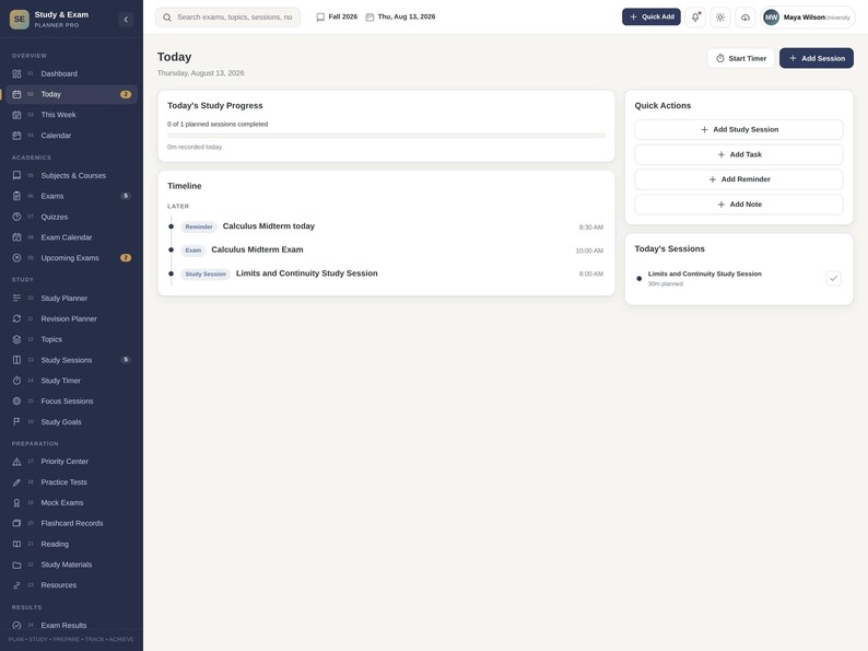 May include: A digital study and exam planner dashboard interface featuring a dark blue sidebar navigation menu, a light gray main content area, a progress tracker, a timeline of scheduled tasks, and a quick actions panel for study sessions.