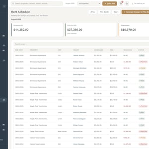 Pode incluir: Uma interface de painel digital intitulada Property Mgmt System Pro exibindo um cronograma de alugu&eacute;is para agosto de 2026. A tela apresenta caixas de resumo para alugu&eacute;is agendados, coletados e restantes, al&eacute;m de uma tabela detalhada listando datas de vencimento, propriedades, unidades, inquilinos e status de pagamento.