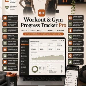 May include: A digital Workout & Gym Progress Tracker Pro interface displayed on a laptop and smartphone, featuring dashboard analytics, exercise logs, and fitness tracking tools alongside a notebook, pen, and a black shaker bottle.