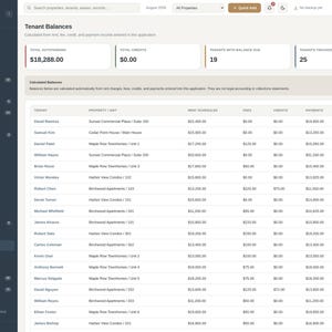 Pode incluir: Uma interface de painel digital intitulada Property Mgmt System Pro exibindo uma tabela de saldos de inquilinos. A tela mostra colunas para nomes, unidades, aluguel, taxas, cr&eacute;ditos, pagamentos e saldos com um total pendente de 18.288,00 $.