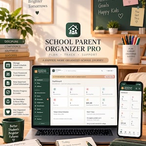 Könnte beinhalten: Eine digitale Schulorganisations-App für Eltern auf Laptop und Smartphone, mit Dashboard für Stundenpläne, Hausaufgaben und Noten. Das Bild zeigt eine grüne Tasse, ein Notizbuch mit To-Do-Liste und ein Federmäppchen auf einem Schreibtisch.