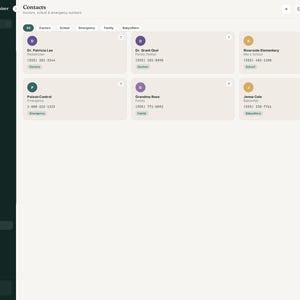 May include: A digital interface titled Mom Life Organizer showing a contacts page with a dark sidebar menu and a light main area containing six contact cards for doctors, school, and family members with names, roles, and phone numbers displayed.