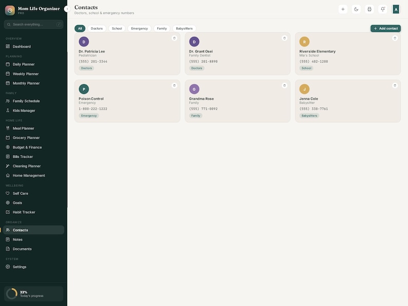 May include: A digital interface titled Mom Life Organizer showing a contacts page with a dark sidebar menu and a light main area containing six contact cards for doctors, school, and family members with names, roles, and phone numbers displayed.