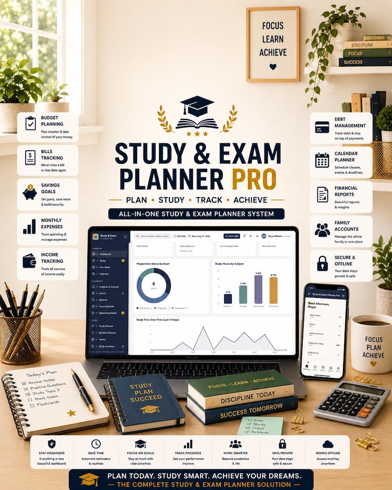 May include: A Study & Exam Planner Pro digital system displayed on a laptop and smartphone, surrounded by a spiral notebook, a small blue planner, two stacked books, a calculator, a pen, and a mug labeled Focus Plan Achieve.