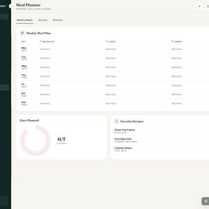 May include: A digital meal planner interface titled Mom Life Organizer PRO featuring a dark sidebar with navigation links and a light main dashboard. The layout includes a weekly meal plan table, a days planned progress ring, and a list of favorite recipes.