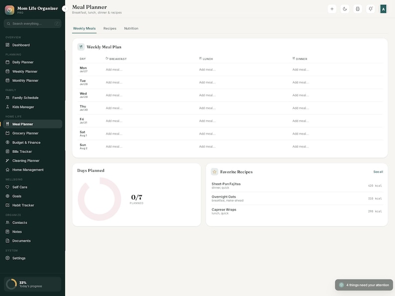 May include: A digital meal planner interface titled Mom Life Organizer PRO featuring a dark sidebar with navigation links and a light main dashboard. The layout includes a weekly meal plan table, a days planned progress ring, and a list of favorite recipes.