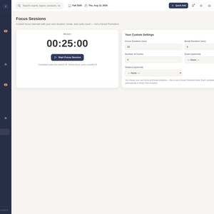 May include: A digital interface for a study planner application titled Study & Exam. The screen displays a Focus Sessions dashboard with a timer set to 00:25:00, a Start Focus Session button, and a custom settings panel for duration and cycles.