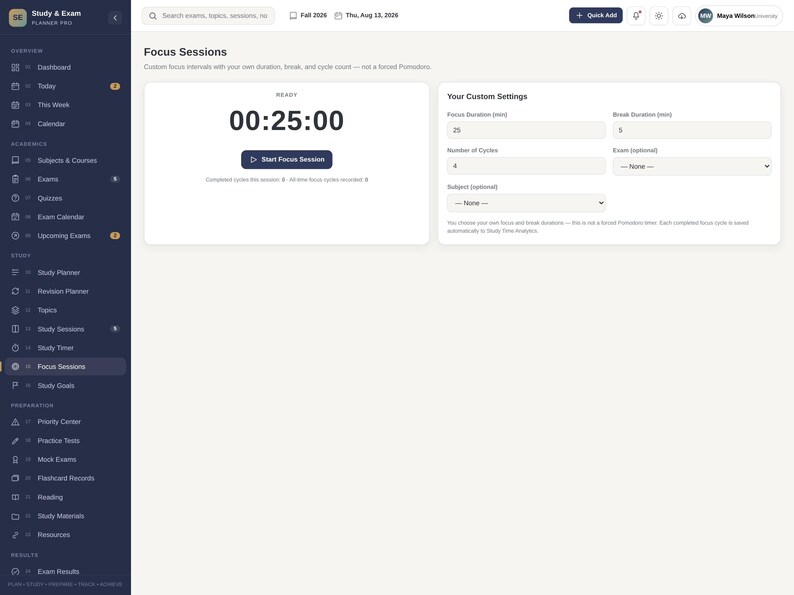 May include: A digital interface for a study planner application titled Study & Exam. The screen displays a Focus Sessions dashboard with a timer set to 00:25:00, a Start Focus Session button, and a custom settings panel for duration and cycles.