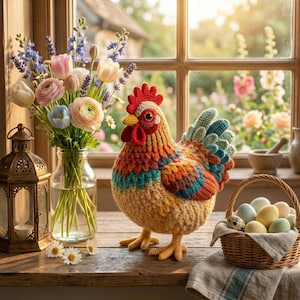 May include: A vibrant, crocheted rooster ornament with a red comb and wattle, positioned on a wooden surface. A basket of eggs, a vase of flowers, and a decorative lantern are also present, creating a rustic, springtime theme.