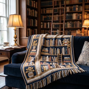 May include: A navy blue crochet blanket with a bookshelf design, draped over a dark blue sofa. The blanket depicts books, a ladder, and potted plants. It has a cream border and fringe. The sofa is in a library.