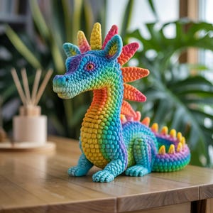 May include: A colorful, handcrafted dragon figurine in a rainbow of hues. The dragon features a textured, scale-like pattern, with a detailed head, wings, and tail. The figurine is posed on a wooden surface, showcasing its vibrant colors and intricate design.