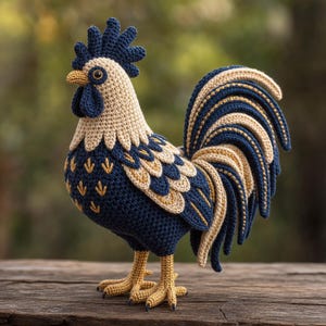 May include: A handcrafted crochet rooster figurine. The rooster features a navy blue body, a tan head and tail, and gold accents. The rooster's comb and wattle are navy blue, and its legs are tan. The figurine is displayed on a wooden surface.