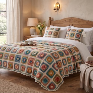 Könnte beinhalten: Eine Häkeldecke und zwei passende quadratische Zierkissen mit einem mehrfarbigen Granny-Square-Muster mit floralen Zentren in Rosa-, Blau-, Gelb- und Grüntönen, die alle mit einem cremefarbenen Garn mit einem wellenförmigen Rand eingefasst sind.