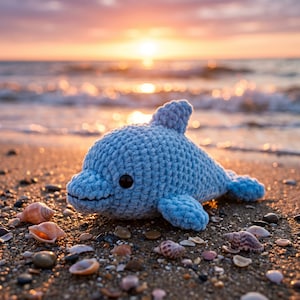 May include: A light blue crocheted dolphin plush toy with black eyes rests on a sandy beach with seashells. The background features the ocean and a sunset with golden and orange hues.