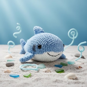 Può includere: Un giocattolo a forma di squalo blu all'uncinetto con pancia bianca, occhi neri e bocca sorridente. Lo squalo è circondato da spirali blu decorative, conchiglie e pezzi di vetro colorati su una superficie sabbiosa. Un simpatico oggetto fatto a mano a tema oceanico.