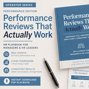 May include: A blue book titled "Performance Reviews That Actually Work" with the text "HR Playbook for Managers & HR Leaders." Accompanying papers and a black pen are also visible. The book is part of the Operator Series.