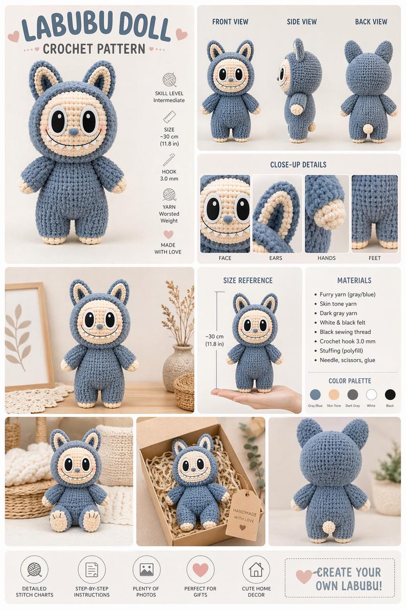 Labubu Tutorial Labubu Crochet Pattern PDF, Amigurumi Monster Doll Tutorial, Kawaii ...