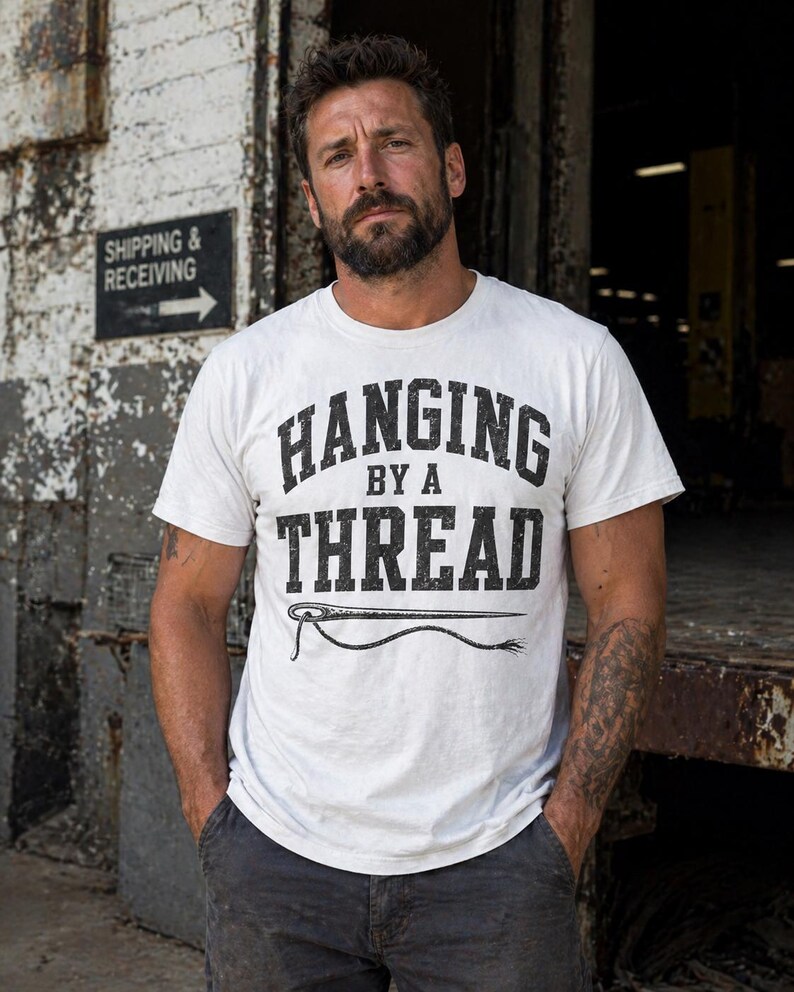 Hanging by a Thread Burnout Shirt | Funny Exhausted Adult Tee | Sarcastic Stress Gift | Overworked Graphic Tee | Mental Health Humor Shirt image 1