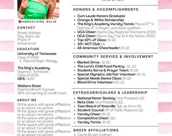 Sorority Resume Template, Sorority Rush Packet, Customizable Sorority Resume, Pink, Resume with Photo, Social Resume, Sorority Recruitment