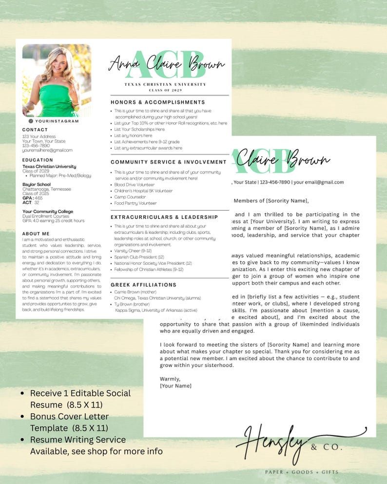 Pu&ograve; includere: Un modello di curriculum vitae con foto di una donna, informazioni di contatto, istruzione e una sezione su di lei. Include un modello di lettera di presentazione e un servizio di scrittura di curriculum. Misure in cm.