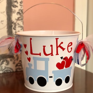 Personalized Valentine Train Bucket - 5 quart - gift basket - Personalized Heart Bucket  Valentine’s Day - Teacher Gift - boy personalized