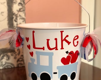 Personalized Valentine Train Bucket - 5 quart - gift basket - Personalized Heart Bucket  Valentine’s Day - Teacher Gift - boy personalized