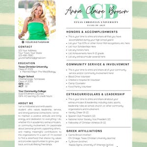 Sorority Resume Template, Sorority Rush Packet, Customizable Sorority Resume, Green Resume with Photo, Social Resume, Sorority Recruitment