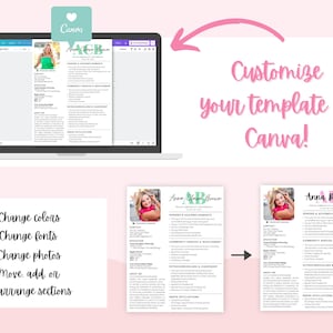 Pu&ograve; includere: Uno schermo di un laptop mostra un modello di curriculum in Canva, con il testo "Customize your template in Canva!" in corsivo rosa. Sotto, una lista di controllo offre opzioni per cambiare colori, caratteri, foto e riorganizzare le sezioni. Il curriculum presenta una foto e il nome "Anna Brown".