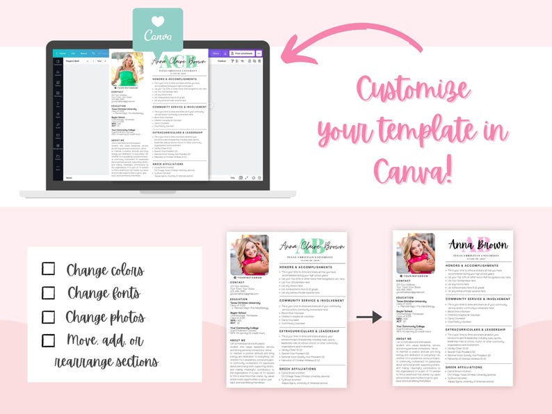 Pu&ograve; includere: Uno schermo di un laptop mostra un modello di curriculum in Canva, con il testo "Customize your template in Canva!" in corsivo rosa. Sotto, una lista di controllo offre opzioni per cambiare colori, caratteri, foto e riorganizzare le sezioni. Il curriculum presenta una foto e il nome "Anna Brown".