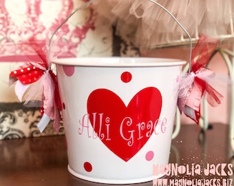 Personalized Valentine Bucket - 5 quart - gift basket - Personalized Heart Bucket  Valentine’s Day - Metal Pail - Teacher Gift